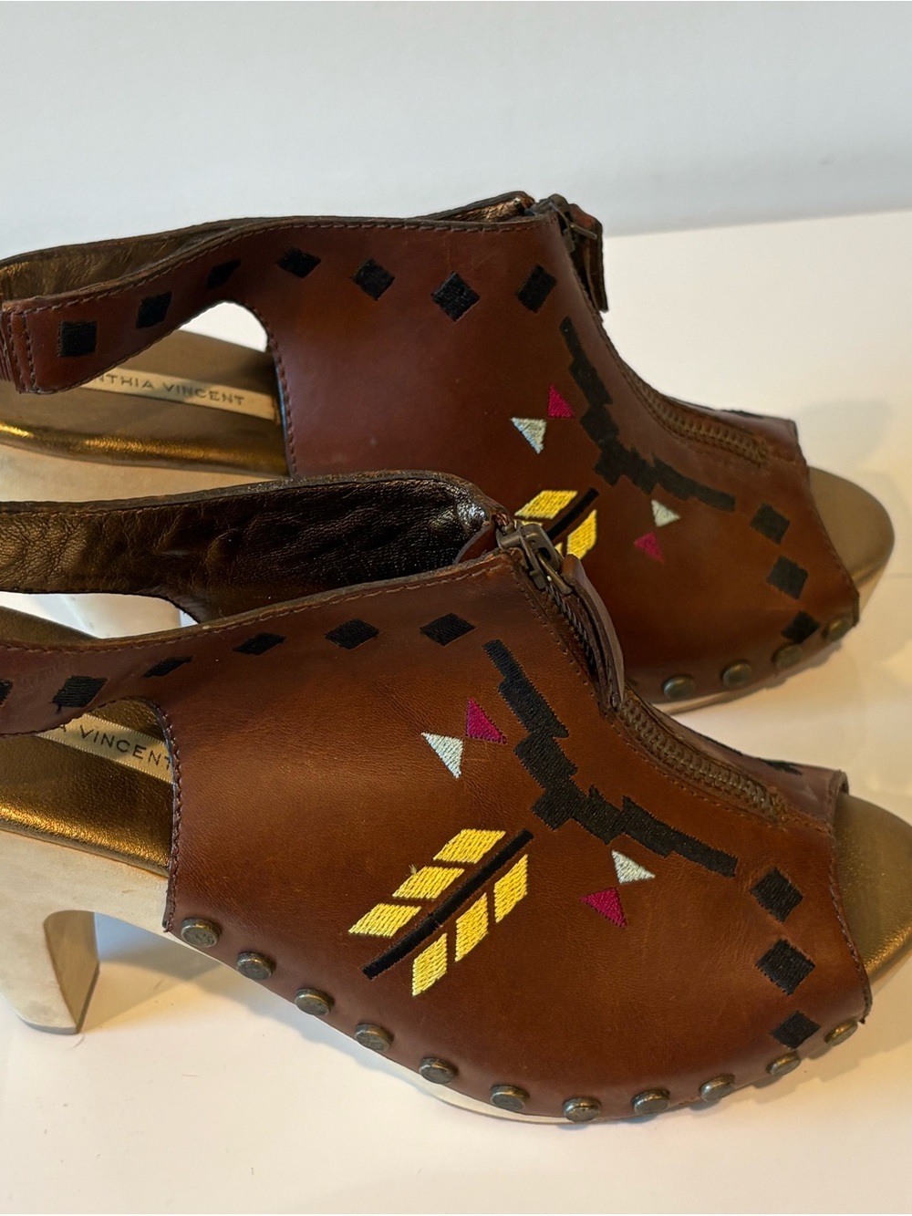 Cynthia Vincent Embroidered Leather Slingback Heels